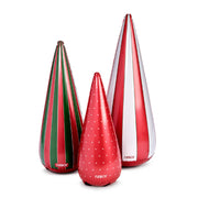 Three decorative vases with red, green, and white patterns on a white background